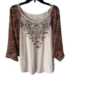 Boho Peasant Top‎ Womens Large Cream Paisley Print Lace Detail Flowy Blouse